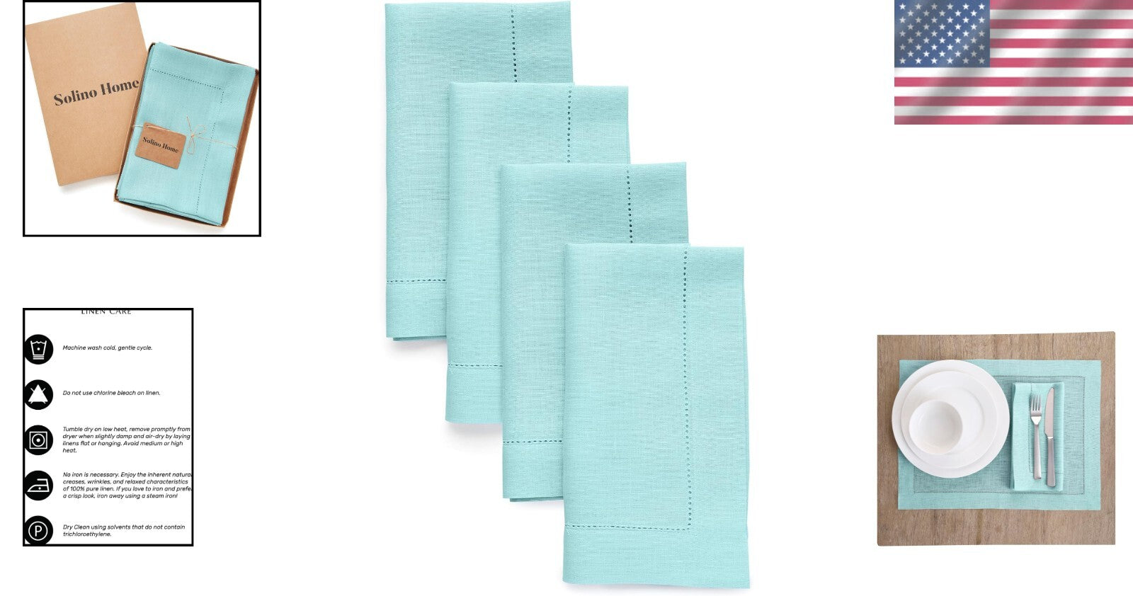 Handcrafted Aqua Blue Linen Napkins - Set of 4, 20 x 20 Inch, Hemstitch Design