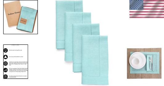 Handcrafted Aqua Blue Linen Napkins - Set of 4, 20 x 20 Inch, Hemstitch Design