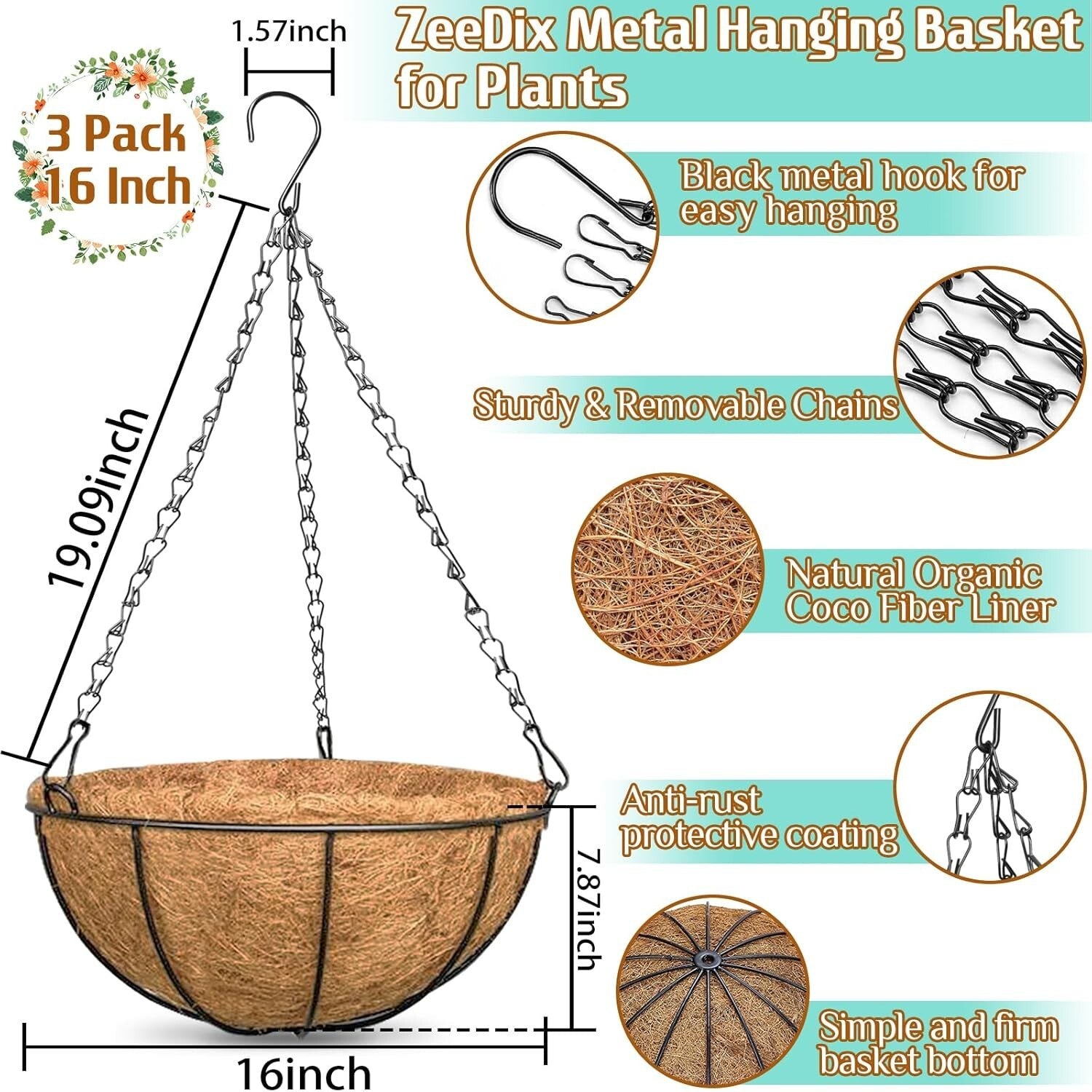 Elegant 3-Pack 16-Inch Metal Hanging Planter Baskets with Natural Coconut Liners