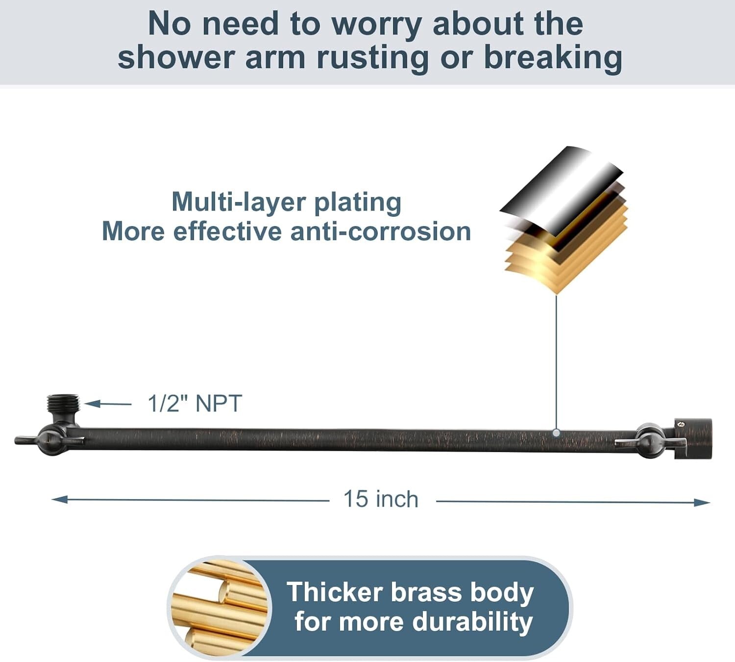 Adjustable 15 Inch Brass Shower Arm Extender with Locking Screw Stability