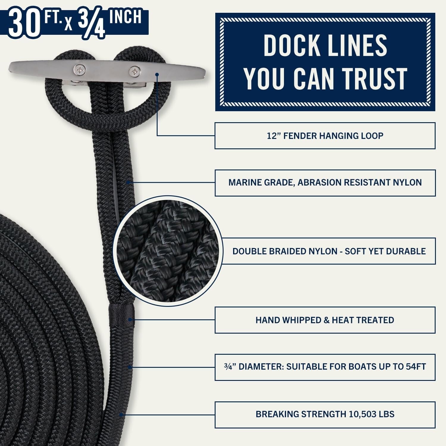Soft Touch Nylon Dock Lines - 30 ft x 3/4 Inch, Ideal for Gentle Secure Docking