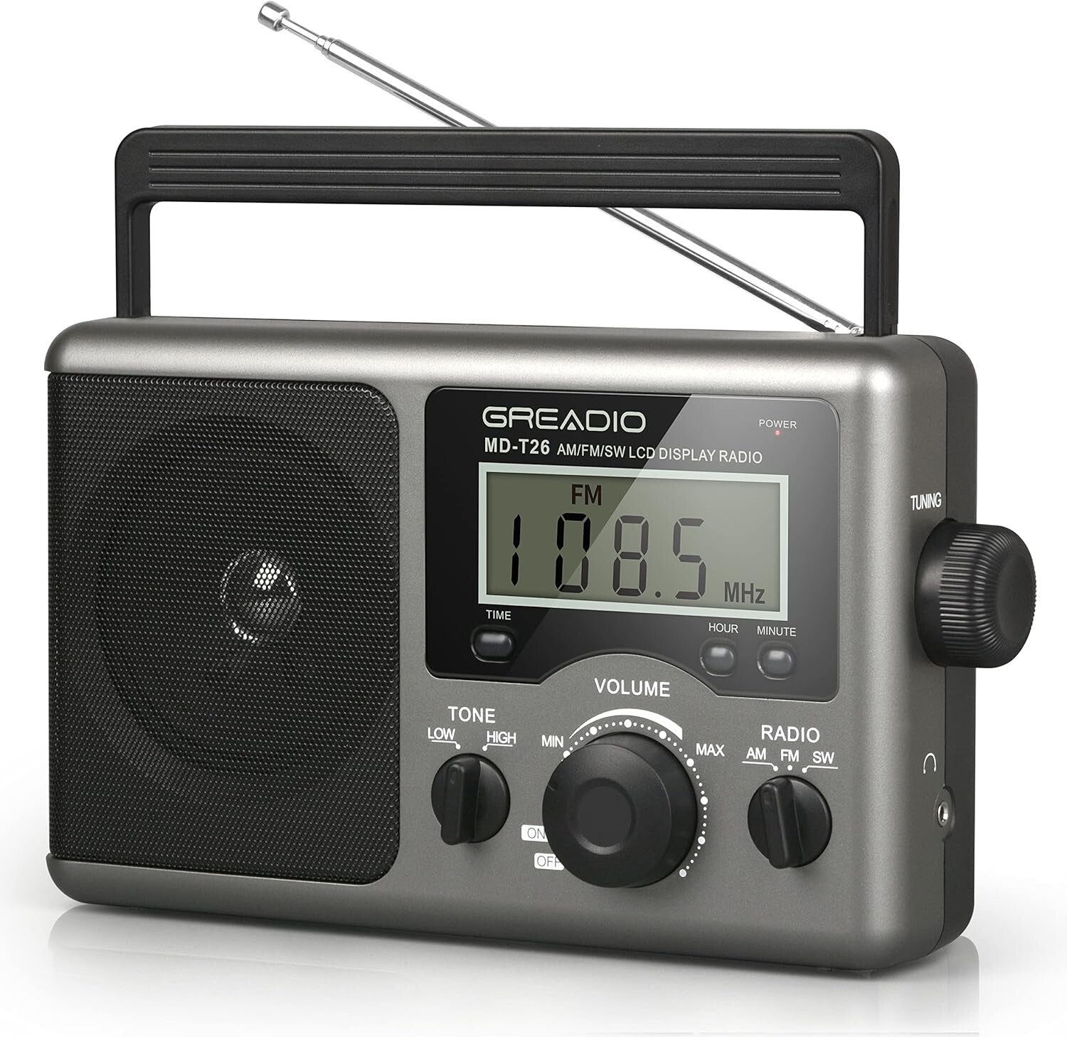Dual Power Portable Radio with Best Reception & Clock Function – Light Grey
