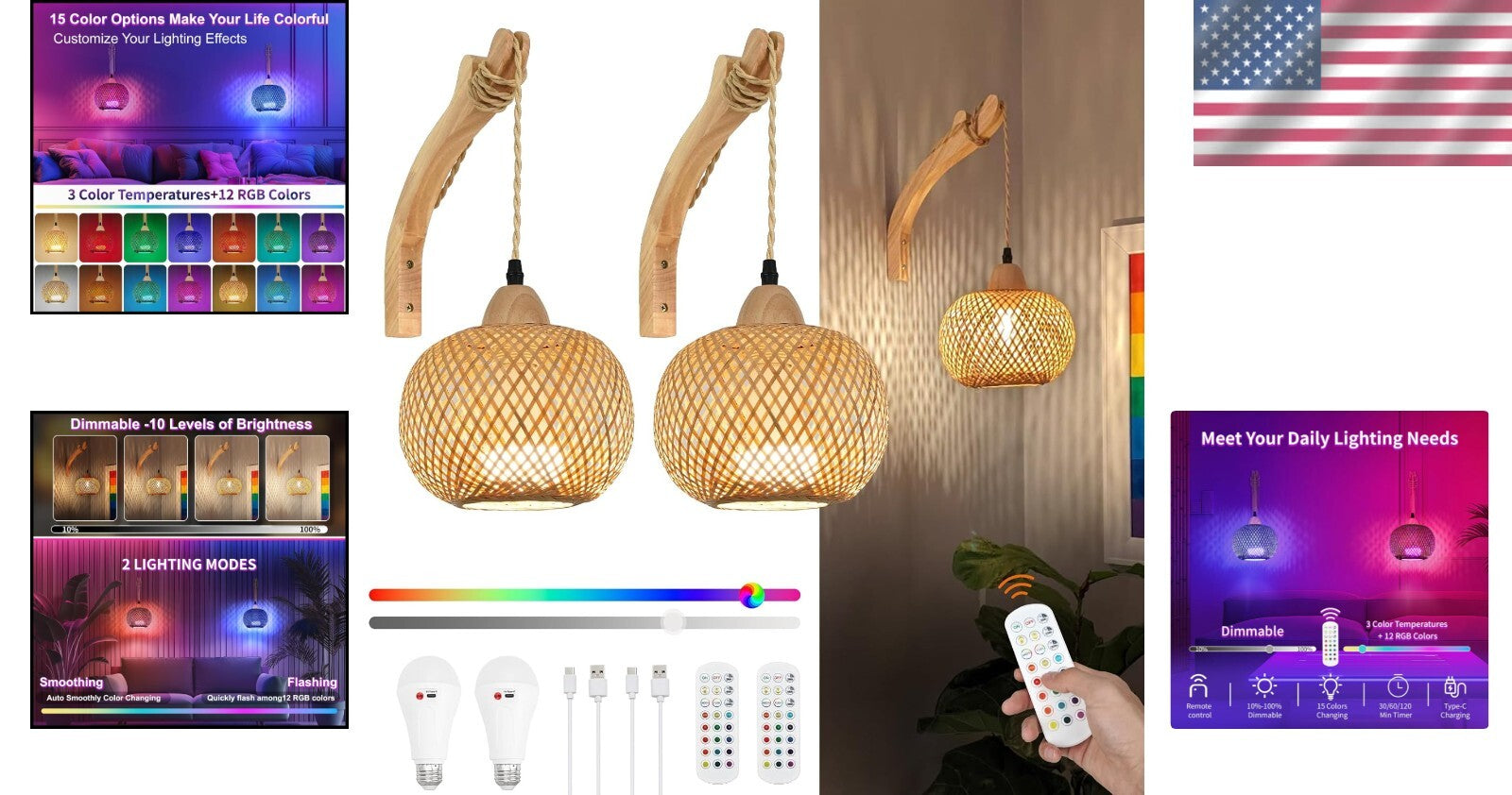 Rechargeable Boho Wall Sconces Set - Remote Controlled, 15 Colors & Dimmable