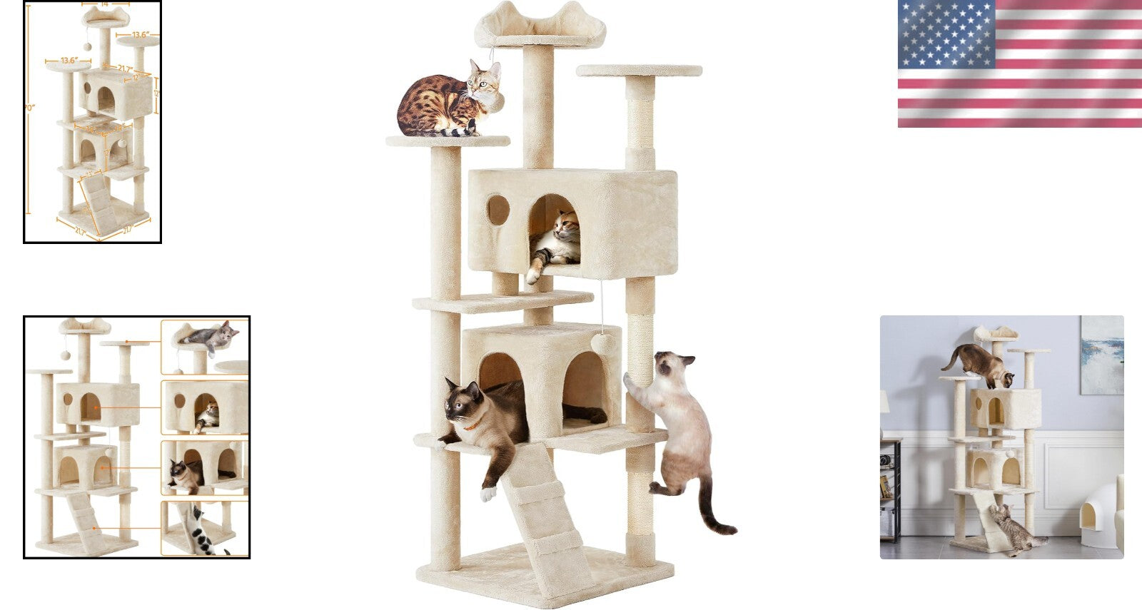Durable 70in Cat Tree for Indoor Cats with Scratching Posts & Fun Accessories