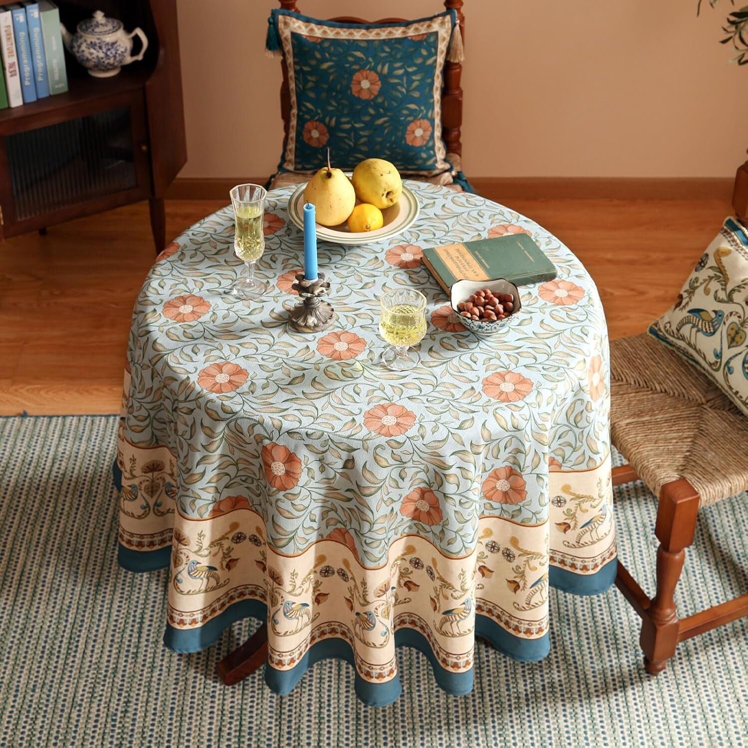 Elegant French Country Rustic Tablecloth - 67" Round with Pleated Corners