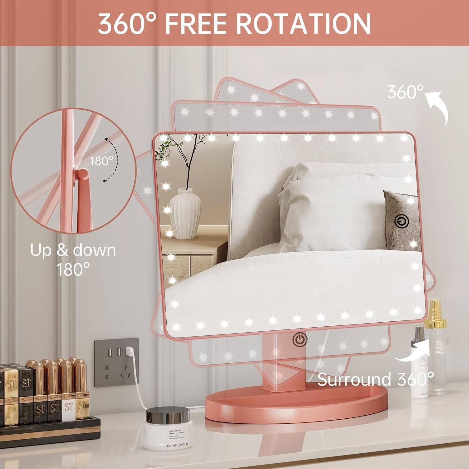 Large Lighted Makeup Mirror with 10X Magnification & 360° Rotation in Rose Gold