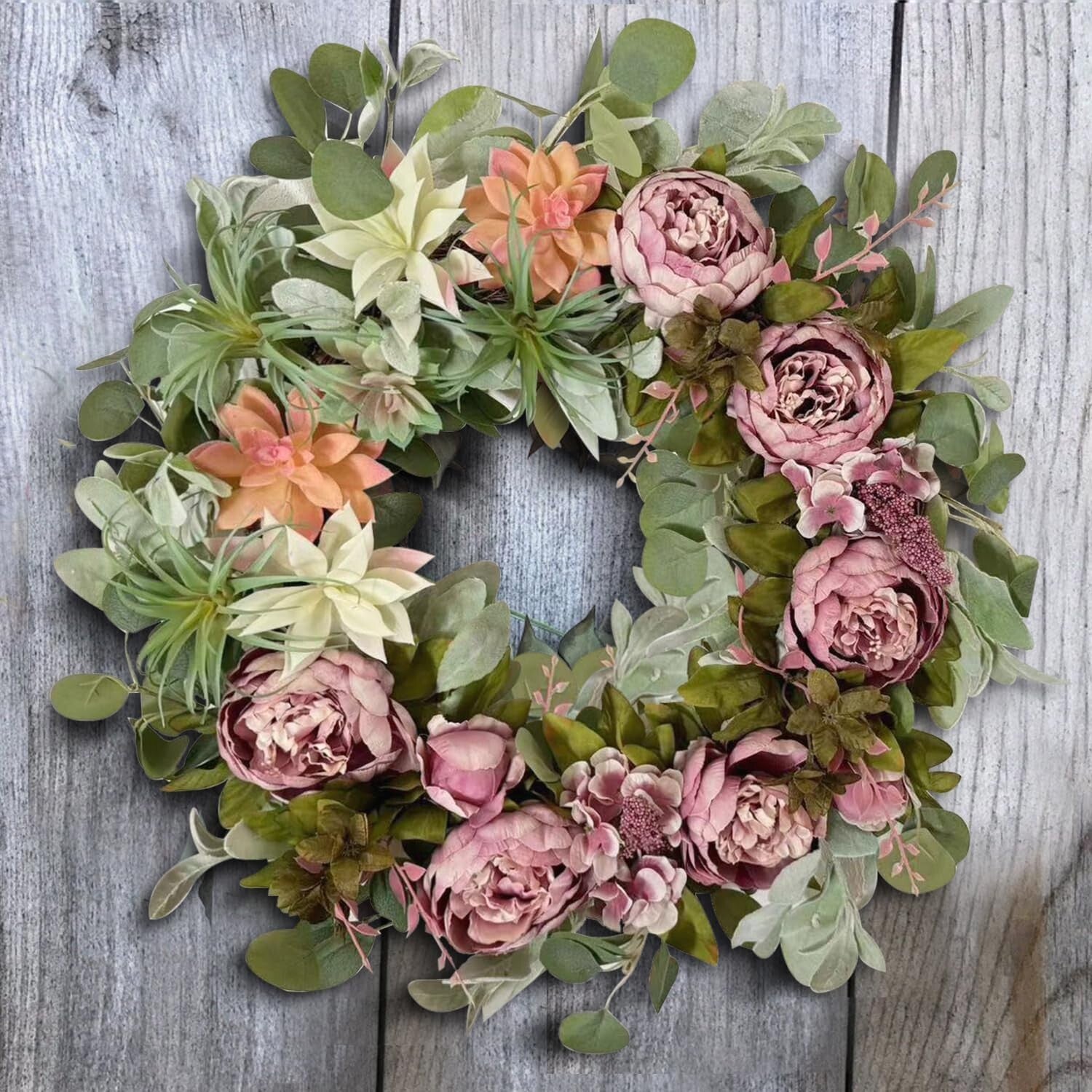 Stylish 24 Inch Spring Peony Wreath with Succulent Arrangement - Indoor/Outdoor