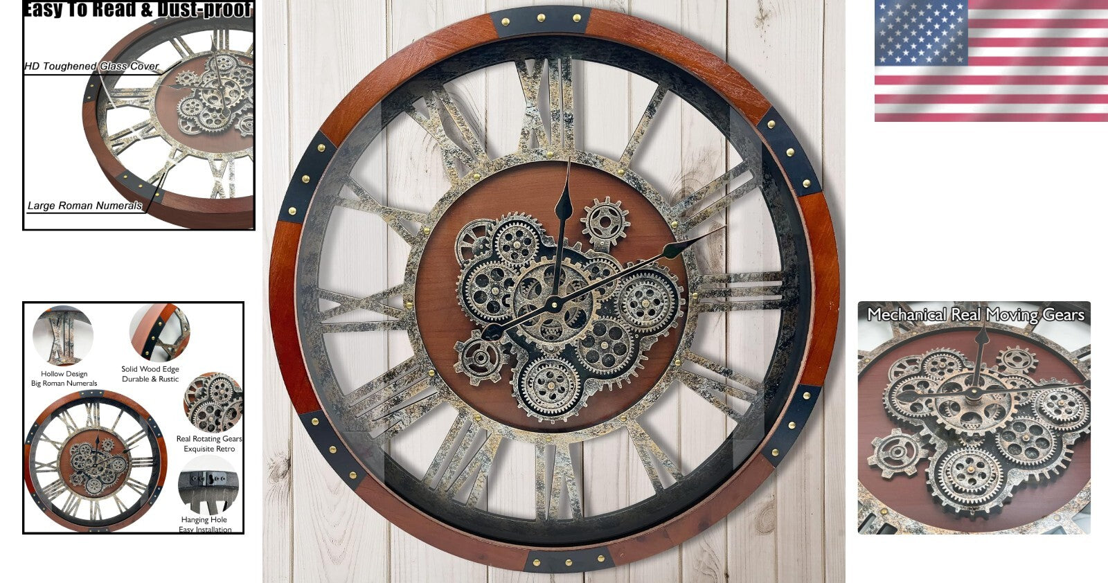 Elegant 27-Inch Vintage Farmhouse Clock with Real Moving Gears & Silent Movement