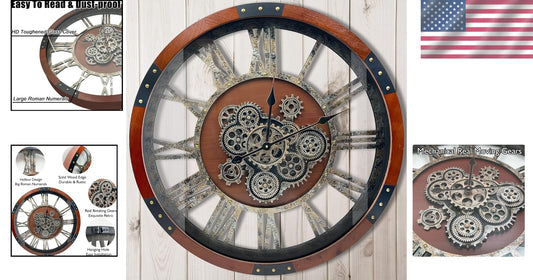 Elegant 27-Inch Vintage Farmhouse Clock with Real Moving Gears & Silent Movement