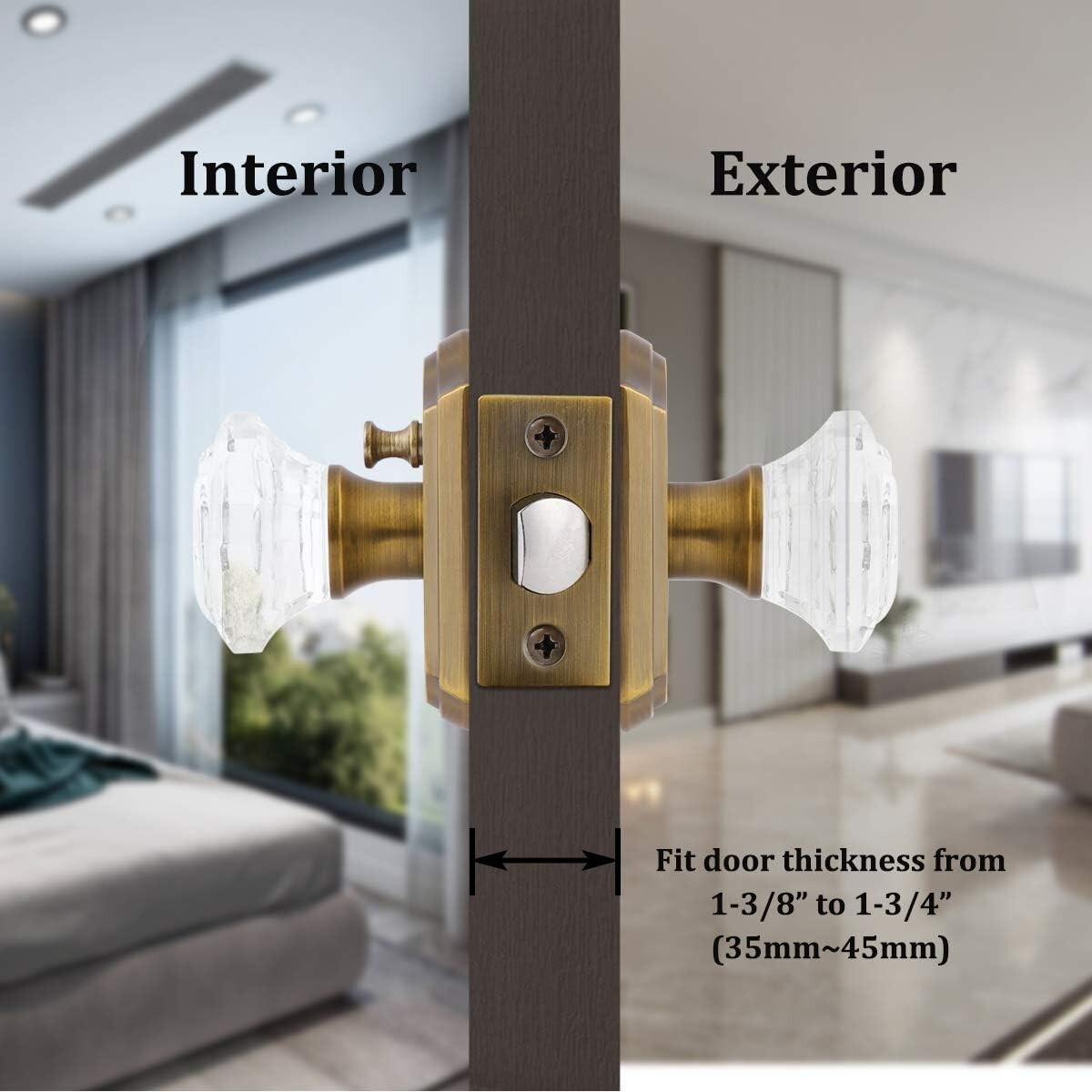 2-Pack Crystal Privacy Door Lock Sets - Antique Brass Knob with Push Button Lock