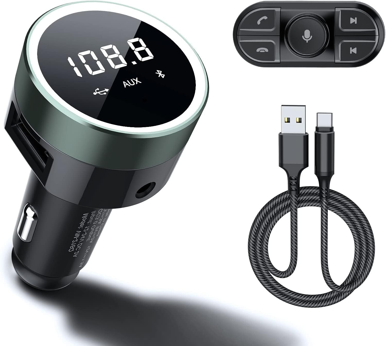 Bluetooth Car Adapter with Remote & Dual USB Charger - Hands-Free FM Transmitter