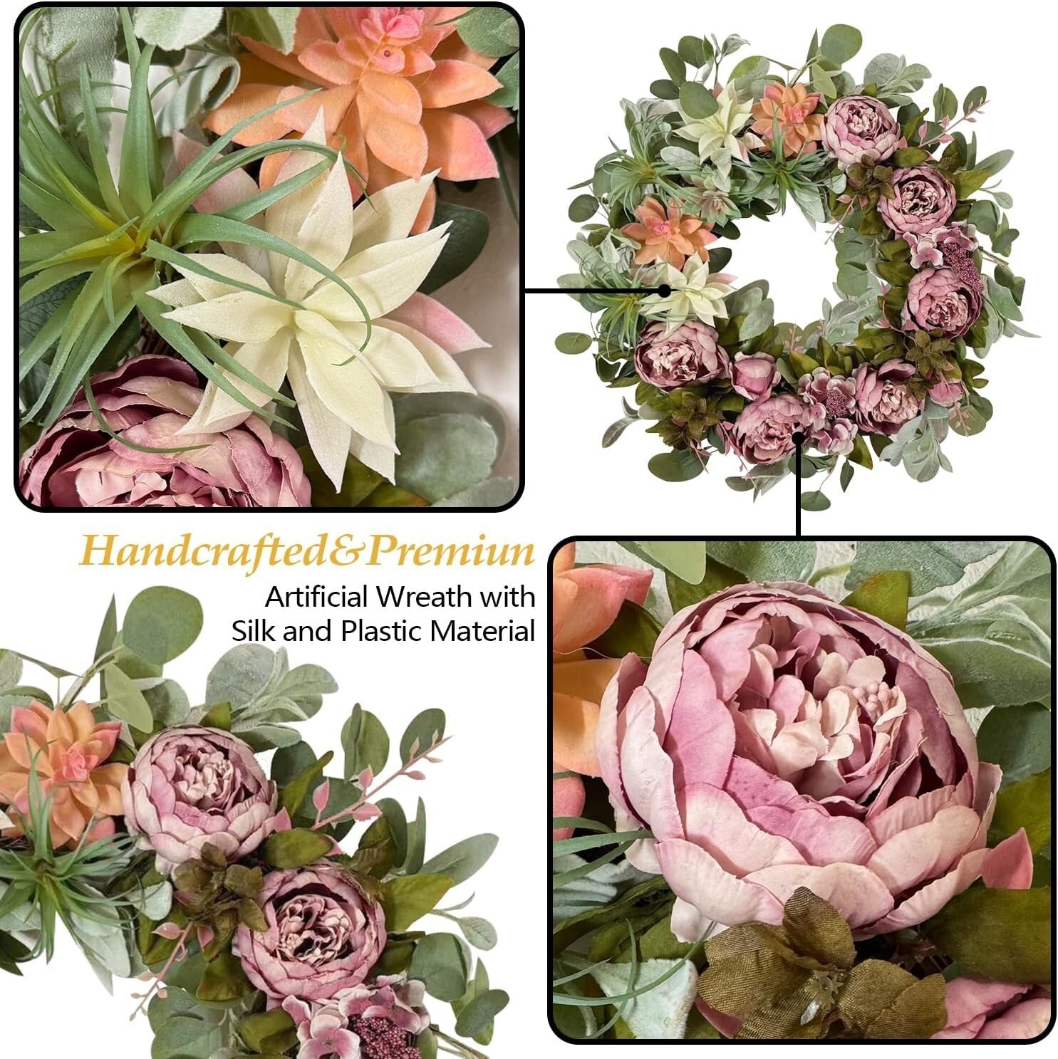Stylish 24 Inch Spring Peony Wreath with Succulent Arrangement - Indoor/Outdoor