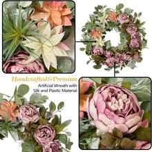 Load image into Gallery viewer, Stylish 24 Inch Spring Peony Wreath with Succulent Arrangement - Indoor/Outdoor