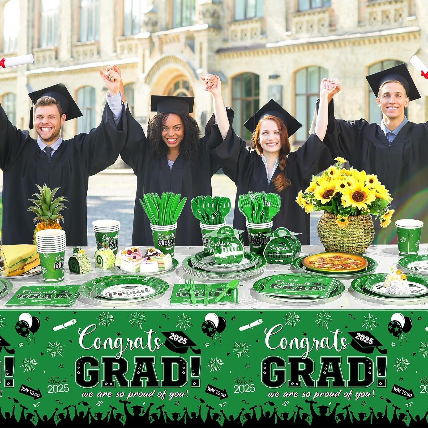 Class of 2025 Graduation Decorations - 357 Pcs Dinnerware, Banner & Tablecloth