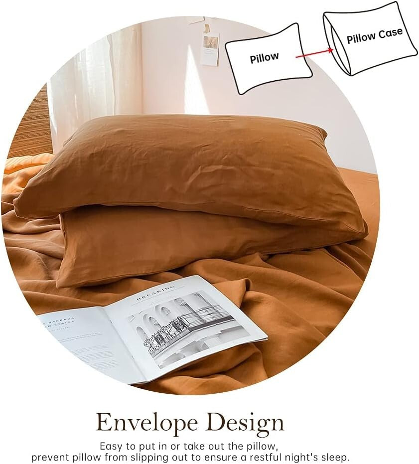 Elegant 4-Piece Rust Linen Bedding Set - King Size Pre-Washed Farmhouse Style