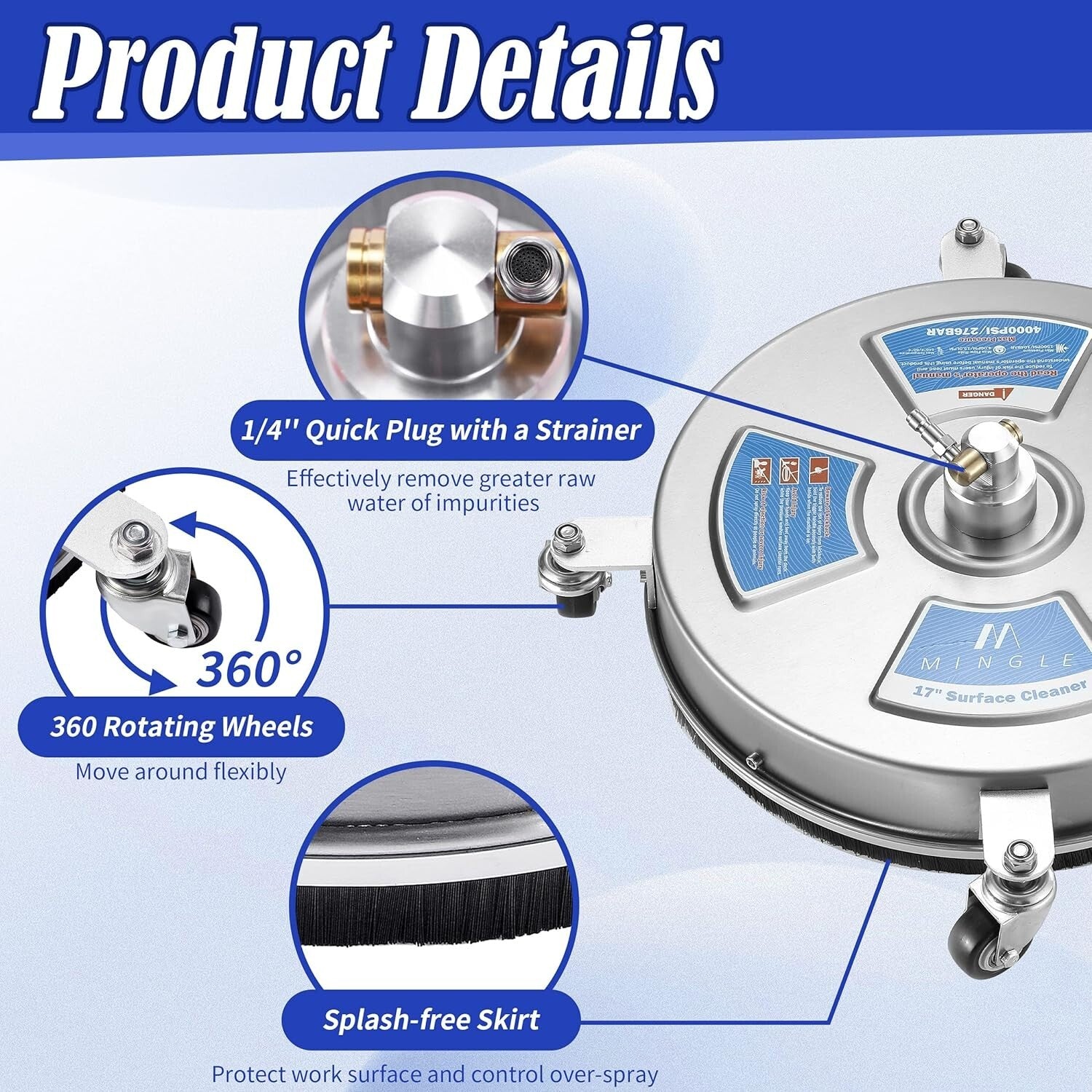 17'' Surface Pressure Washer Cleaner with 4 Wheels & High Flow Rate for Decks