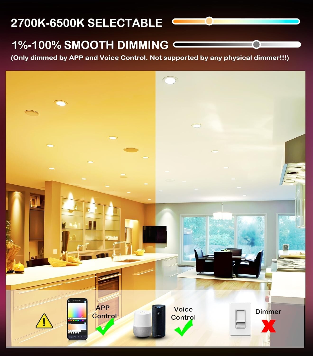 Ultra-Thin 4-Inch Color Changing LED Recessed Lights with App & Voice Control