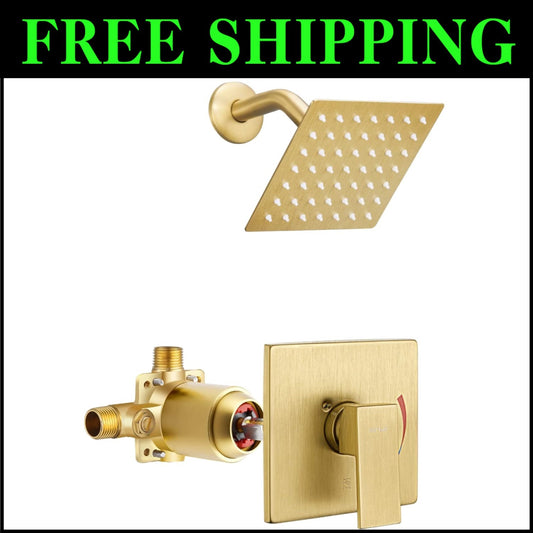 Brushed Gold Shower Faucet Set - Rain Shower Head, Valve & Trim Included