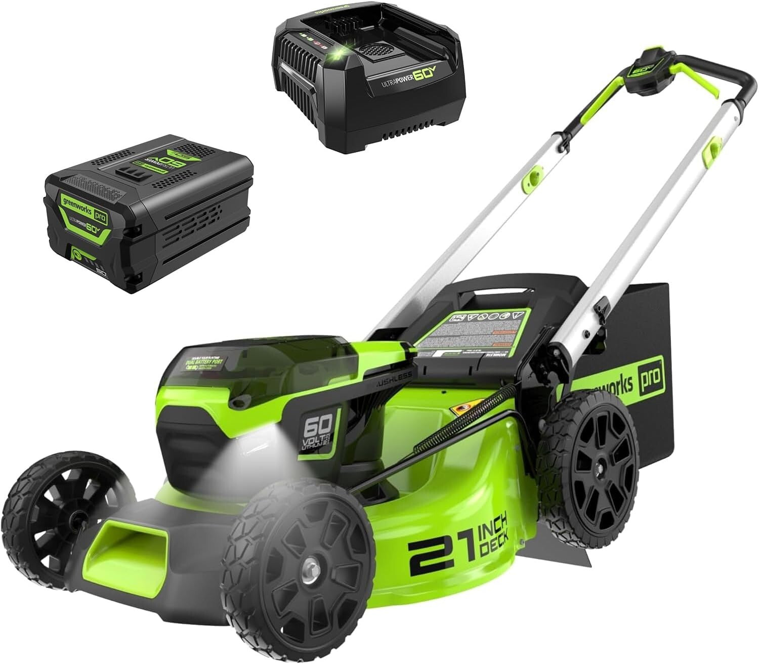 60V Cordless 21” Lawn Mower with LED Lights & Rapid Charger - Eco-Friendly Power