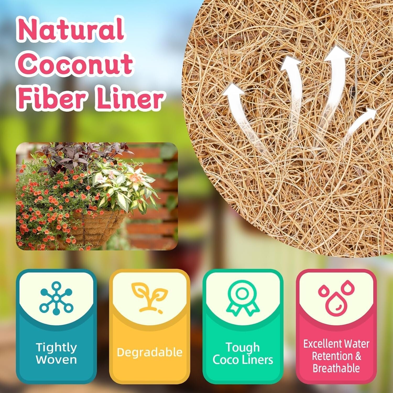 4 Pack 20" Round Natural Coconut Coir Liners for Beautiful Hanging Baskets