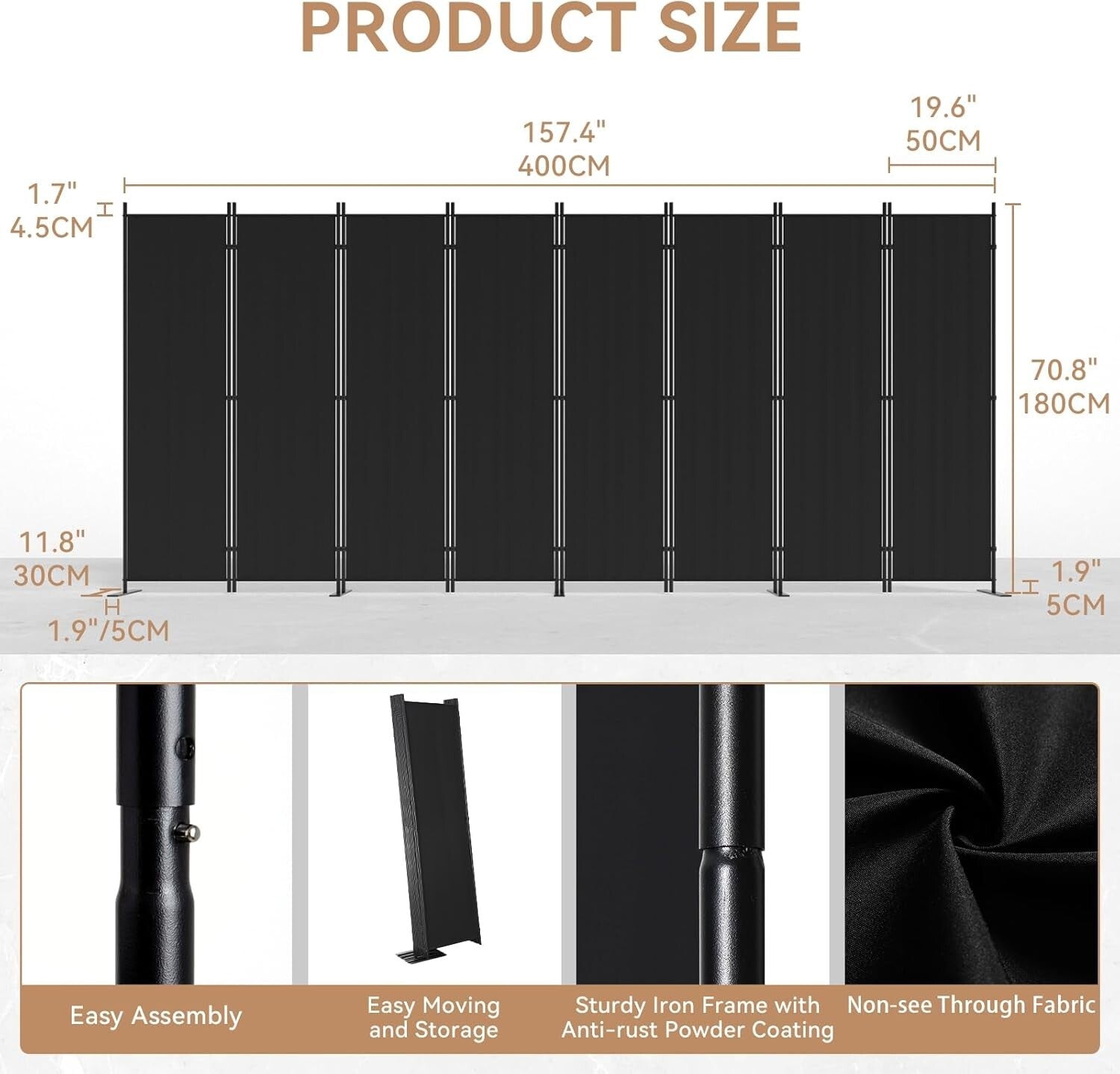 Portable 8-Panel Room Divider - Freestanding Privacy Solution, 160" W x 71" H