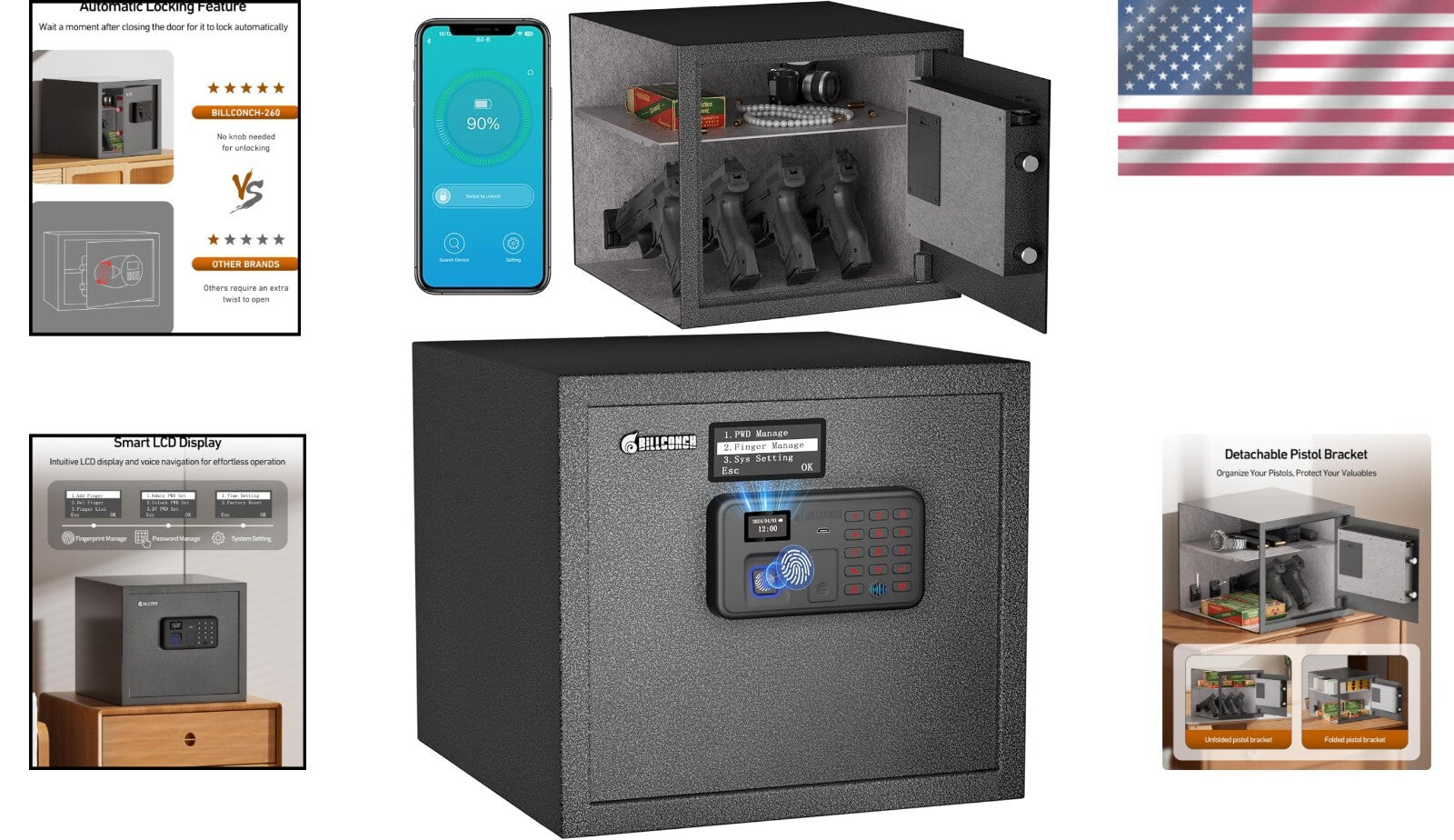 Alloy Steel Biometric Safe for Handguns - Organized Storage with Removable Shelf