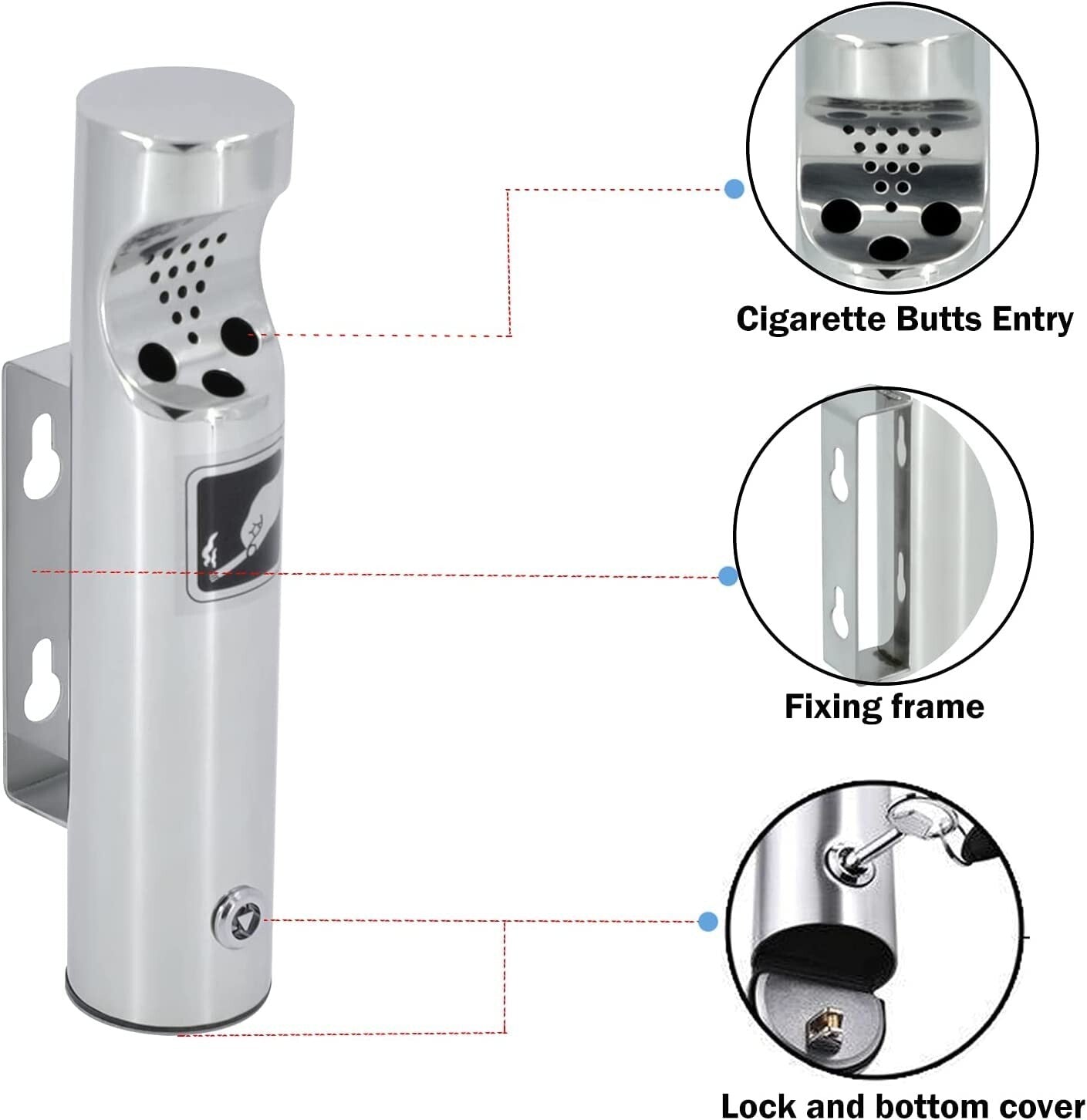 Durable Outdoor Stainless Steel Wall-Mounted Ashtray - 2 Pack, 11in Height