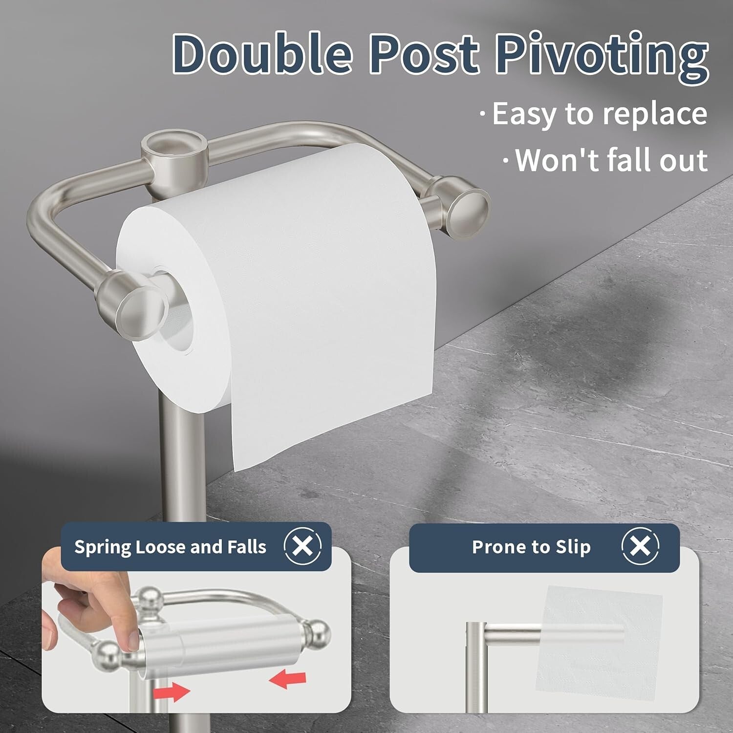 Floor Standing Toilet Paper Holder – Pivoting Stainless Steel with Stable Base