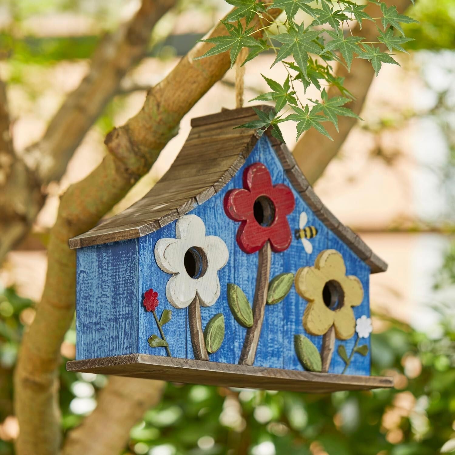 15" Oversized Hand-Painted Distressed Birdhouse with 3D Flowers - Rustic Villa