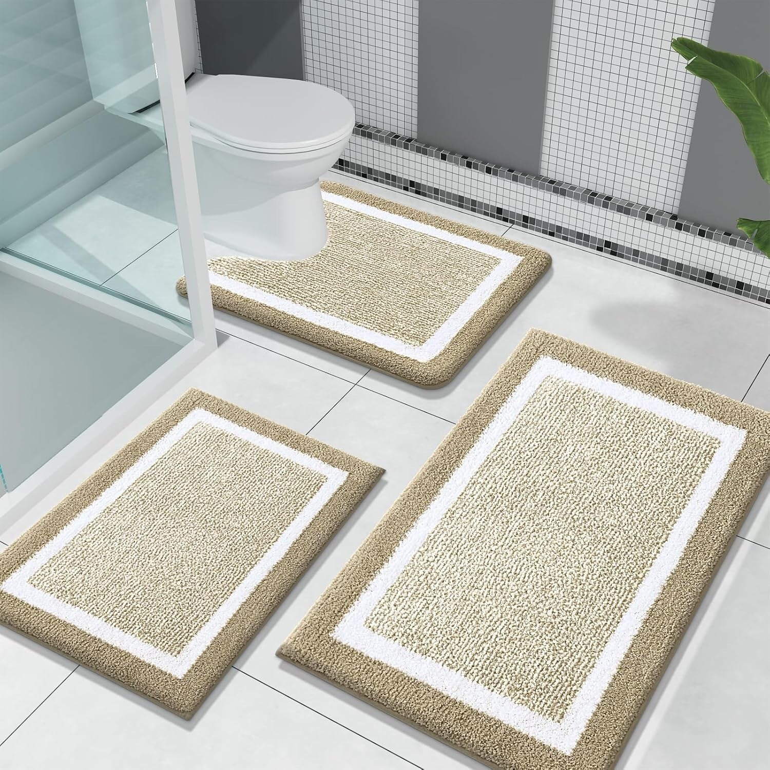 Absorbent Non-Slip 3-Piece Microfiber Bathroom Rugs Set - Elegant Beige Design