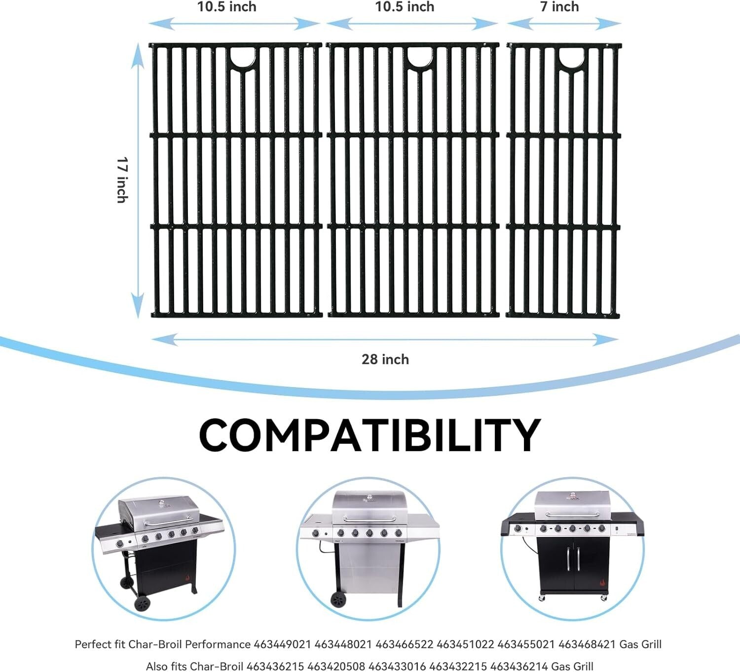 Durable 17" Cast Iron Replacement Grates for Char-Broil Gas Grills - Set of 3