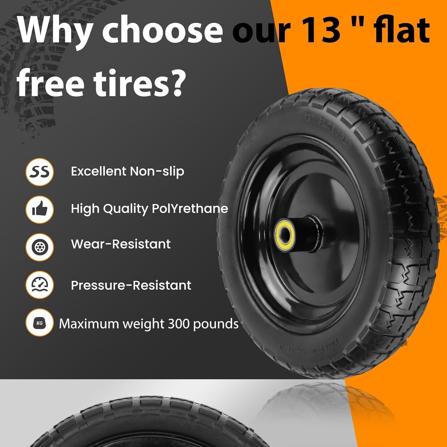 Flat-Free 13” Garden Cart Tires with Enhanced Friction - Maintenance-Free Travel