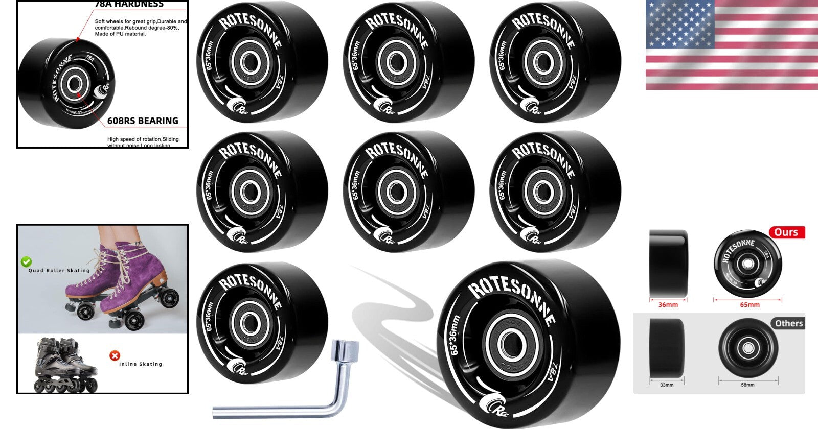 Enhanced 65mm Roller Skate Wheels with Shock Absorption and Bearings Included