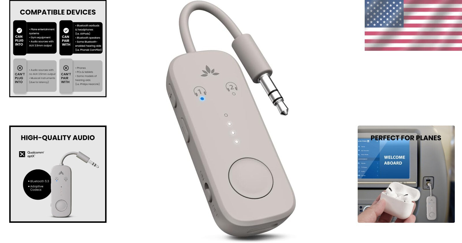 Dual Device Airplane Bluetooth Adapter with aptX Adaptive for Optimal Sound