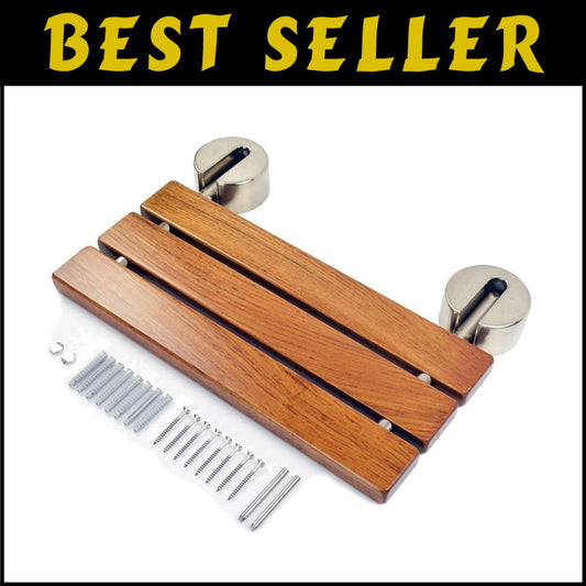 Modern Shower Seat with Brushed Stainless Steel - Space-Saving Teak Wood Design