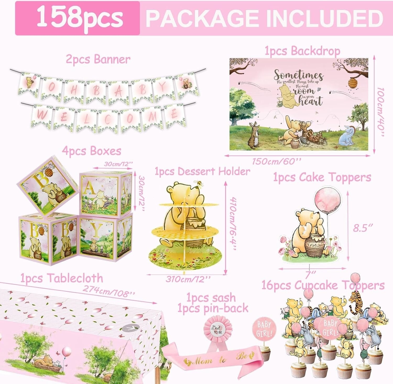 Classic Winnie Pooh Baby Shower Decorations in Pink – Complete 158-Piece Set