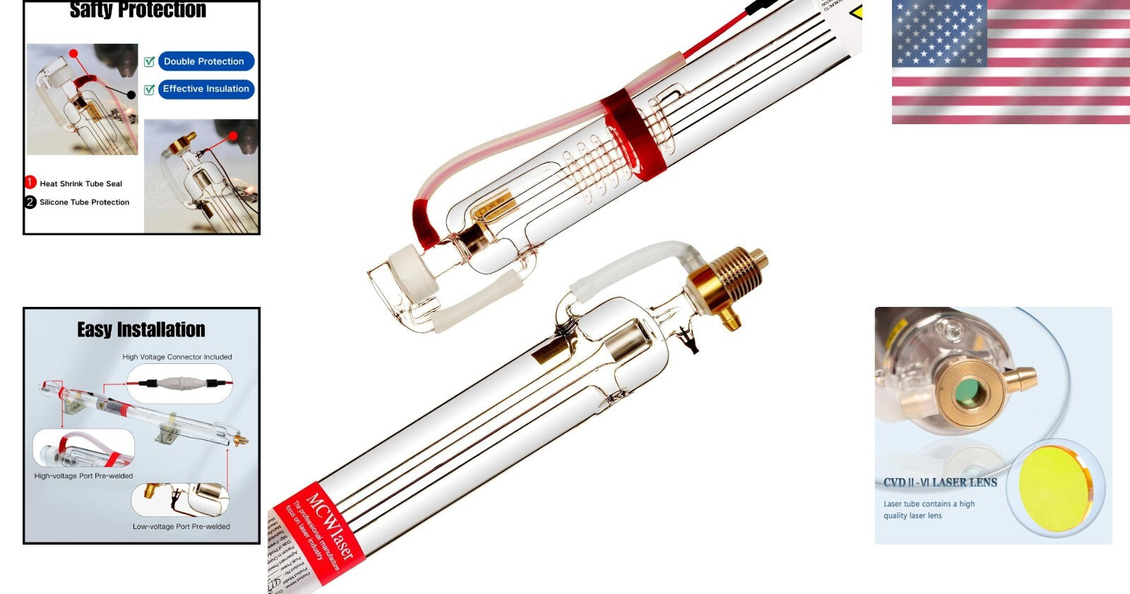 Efficient 90W Glass Laser Tube with Preconnected Ports, 1250mm Long, 80mm Wide