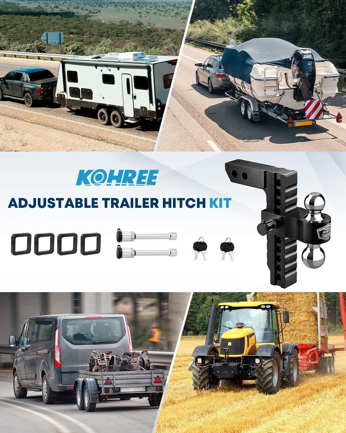 Aluminum Tow Hitch with 10" Adjustable Drop/Rise & Silencer Pads Included