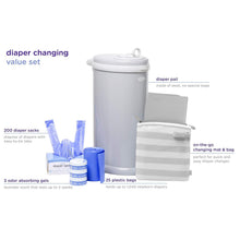 Load image into Gallery viewer, Essential Diapering Set: Gray Stainless Steel Pail &amp; Travel Changing Solutions