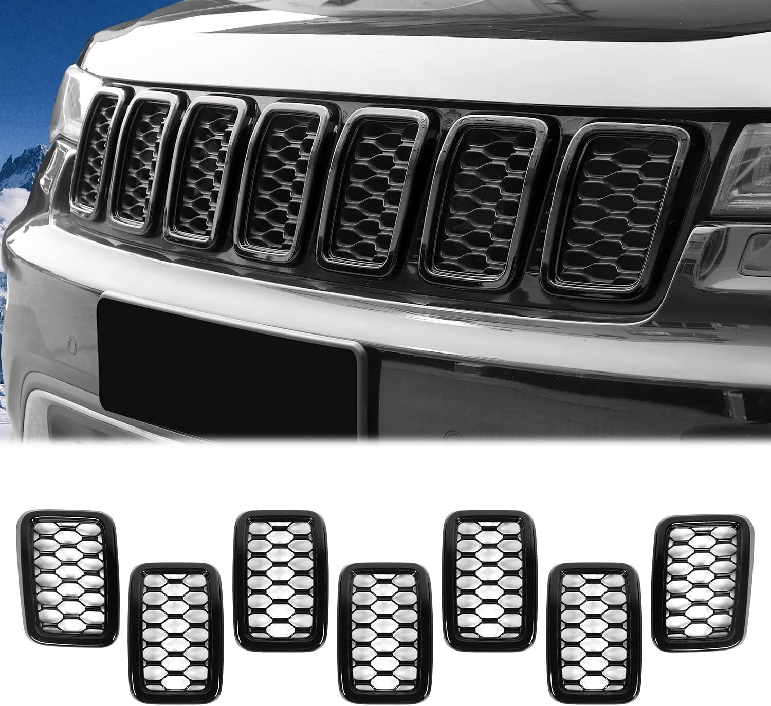 Front Grill Cover Trim Kit - 7Pcs ABS Inserts for 2017-2020 Jeep Grand Cherokee