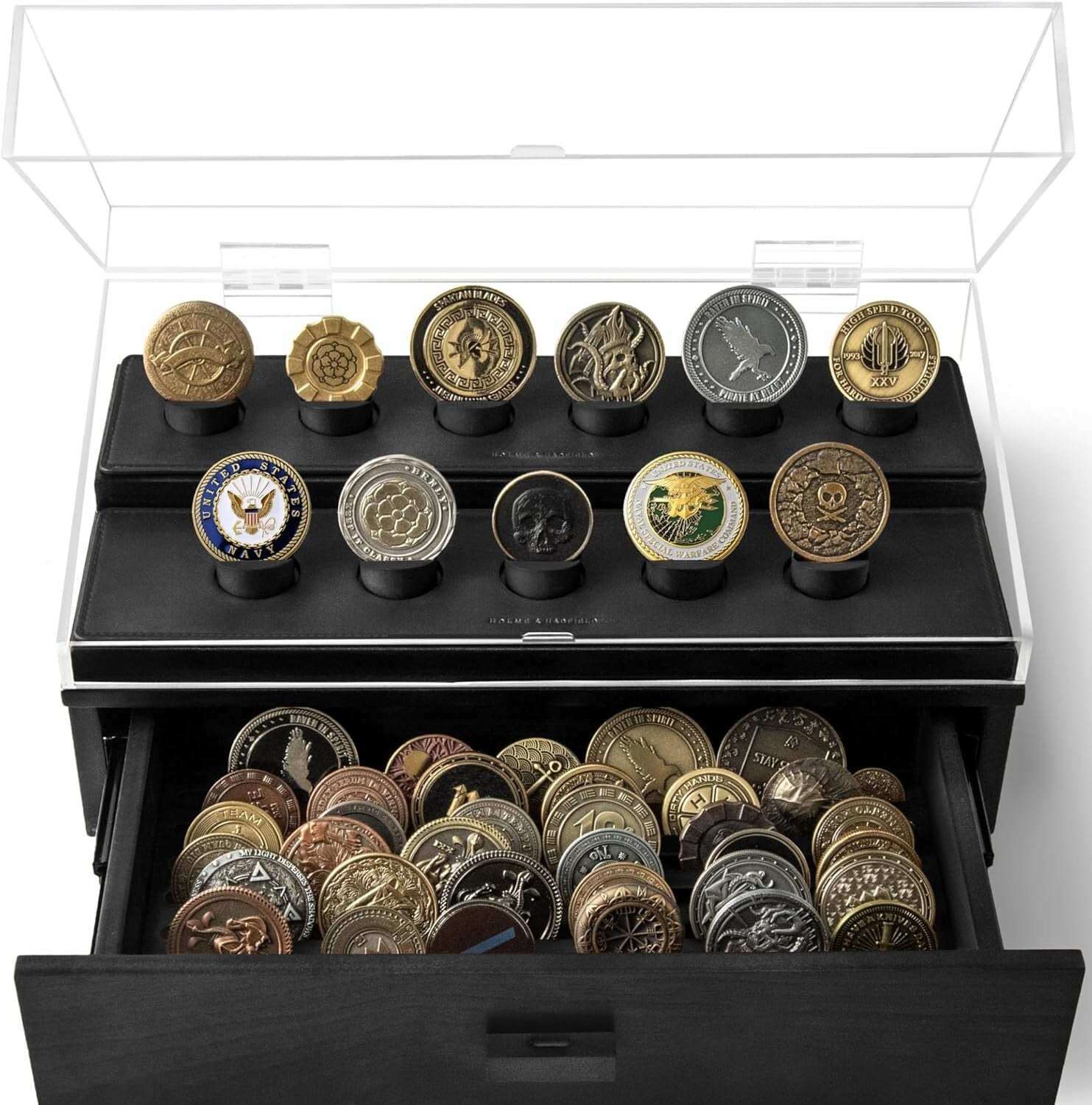 Handcrafted Challenge Coin Display Case with Drawer – Gift for Coin Enthusiasts