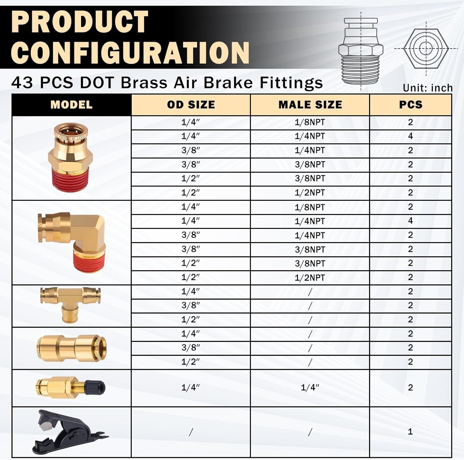 43 PCS Brass Air Brake Fittings Kit - Quick Connect & NPT Thread Assortment