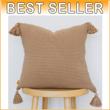 Load image into Gallery viewer, Beautiful 18 Inch Cotton Throw Pillow Cover with Tassels in Striped Mocha Design
