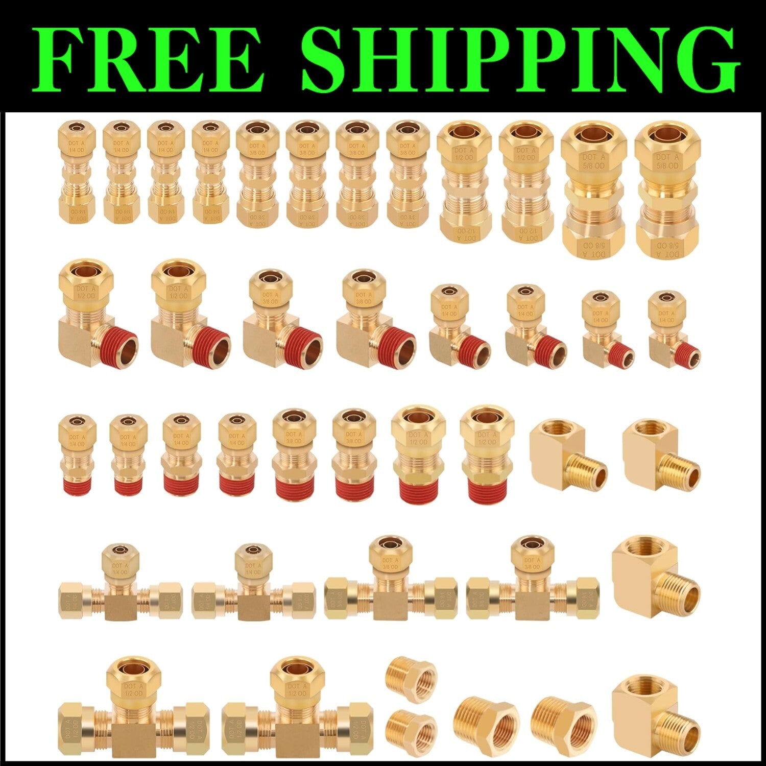 Brass Air Brake Fittings Assortment - 42 Piece Kit for Truck & Industrial Use