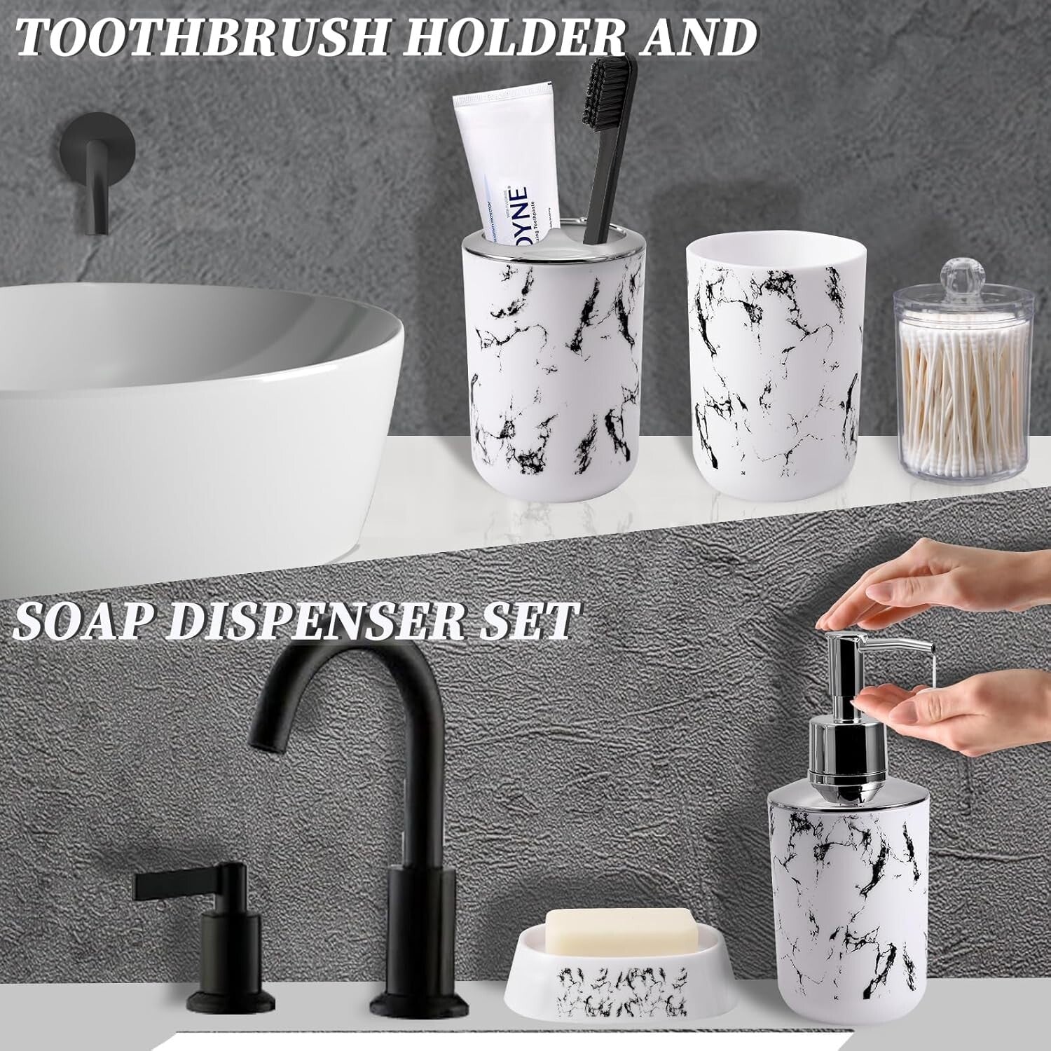 Complete White Marble Bathroom Collection - Trash Can, Soap Dispenser & More