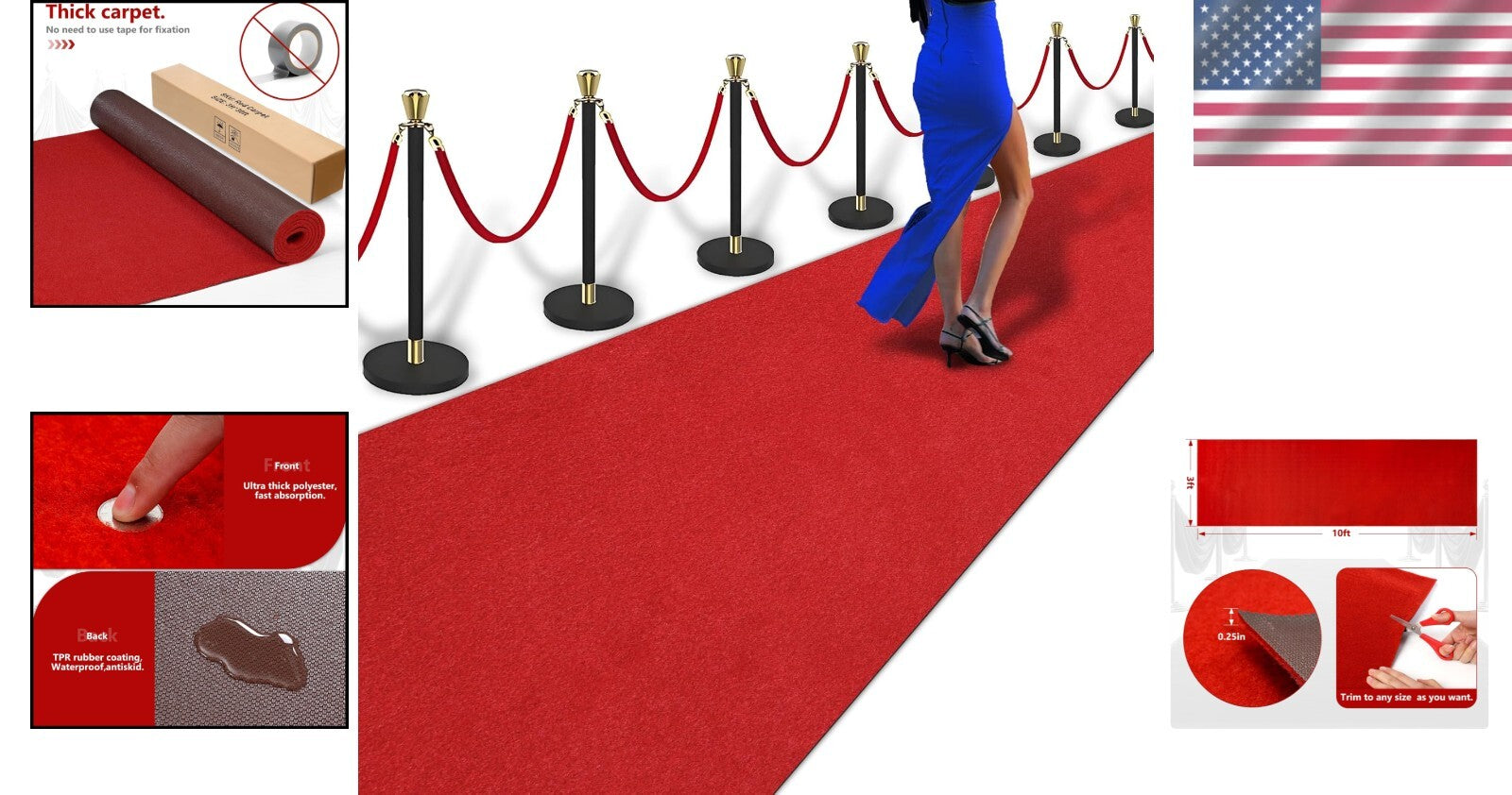 Reusable 3ft x 30ft Red Runner - Non-Slip TPR Back for Weddings & Celebrations