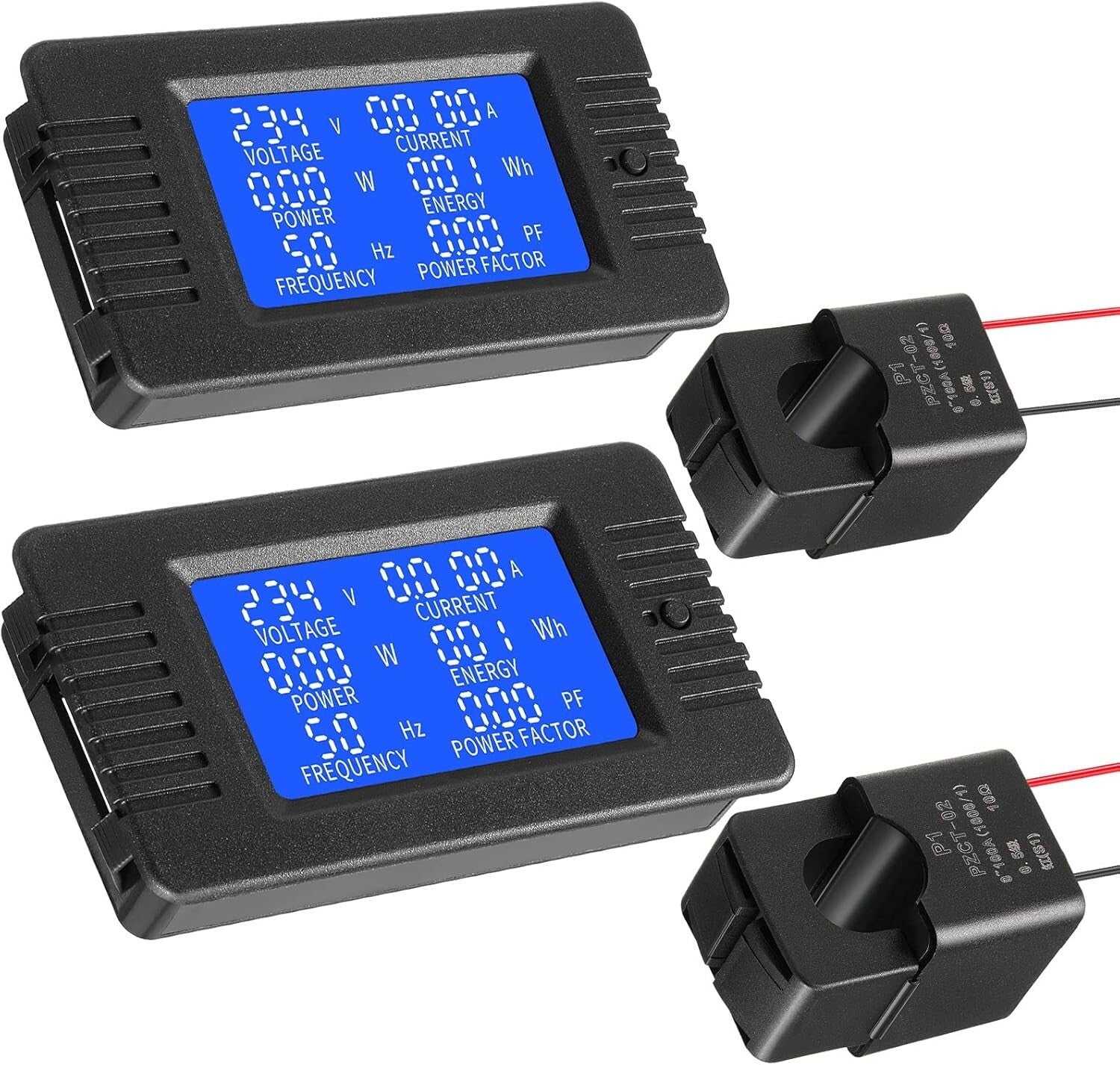 2-Pack LCD Digital AC Power Meters with 100A CT for Home & Business Use