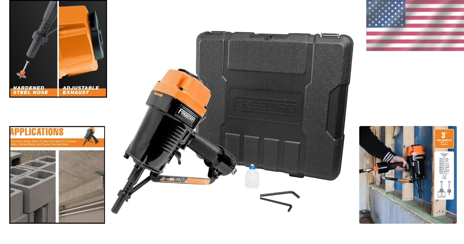 Pneumatic 3" Single Pin Concrete Nailer with Case - Heavy-Duty Tool for Pro Use