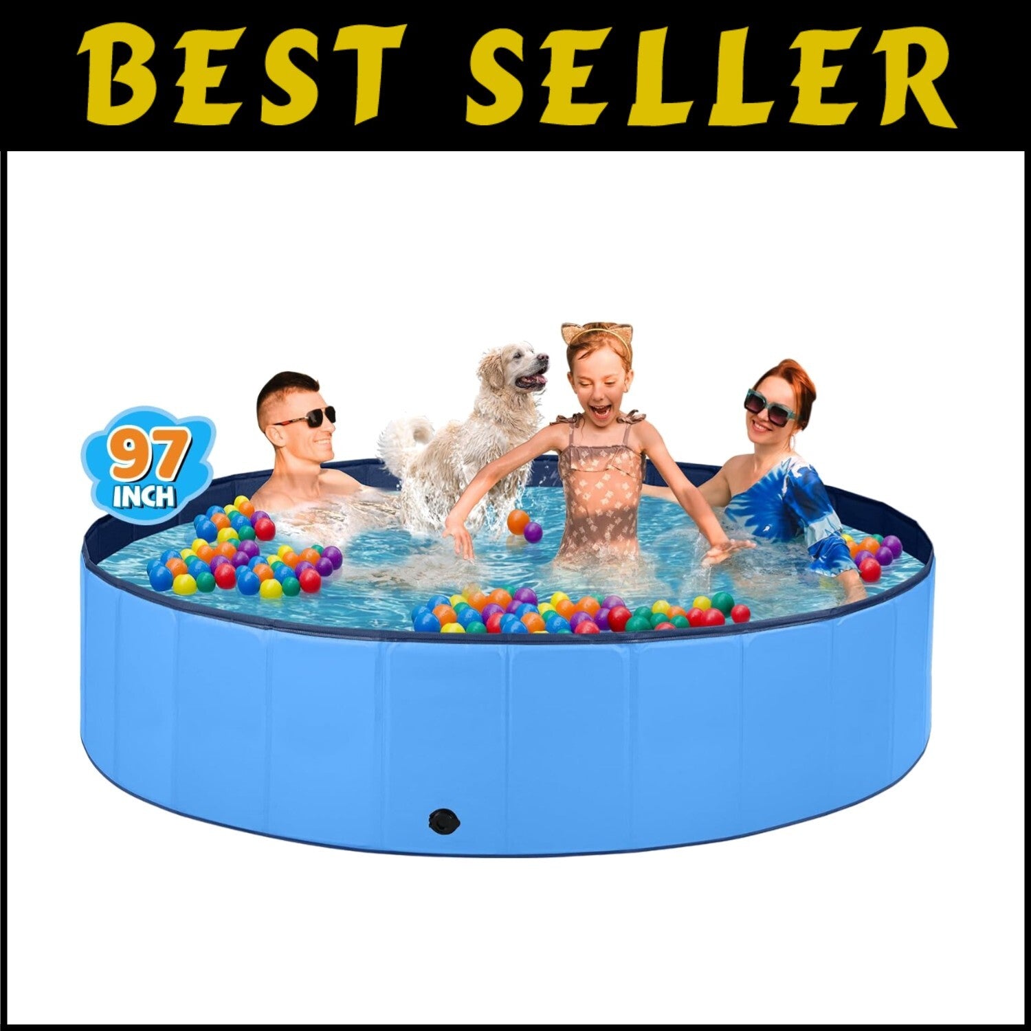 Large Portable Dog Pool with Quick Drain & Foldable Design - 97" Round