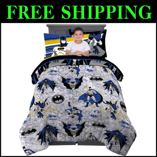 5 Piece Batman Microfiber Twin Bedding Set - Cozy Sheets and Comforter for Kids